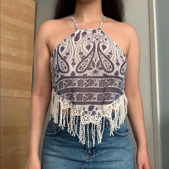 Paisley Crochet Halter Handkerchief Boho Crop Top - Picture 2 of 9